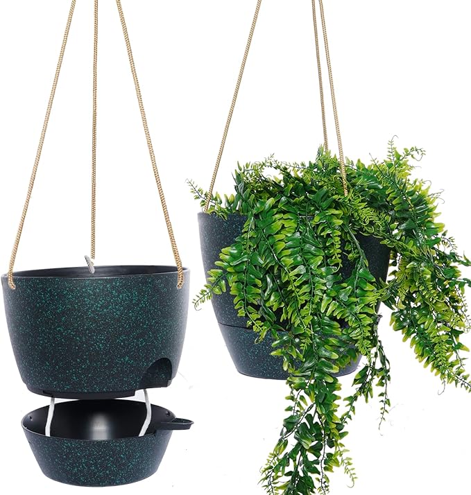 10 Inch Self Watering Hanging Pots, 2 Pack Hanging Planters with 40oZ Deep Reservior for Indoor Outdoor Plants Flowers, Black Speckles-VerdiqueGarden