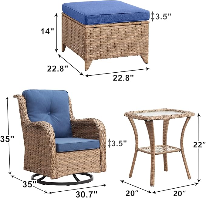 Outdoor Wicker Patio Furniture Set - 5 Pieces Rattan Patio Conversation Set with 2 Rocking Swivel Chairs,2 Ottomans and 1 Side Table for Porch Deck Backyard Garden(Yellow/Blue)-VerdiqueGarden
