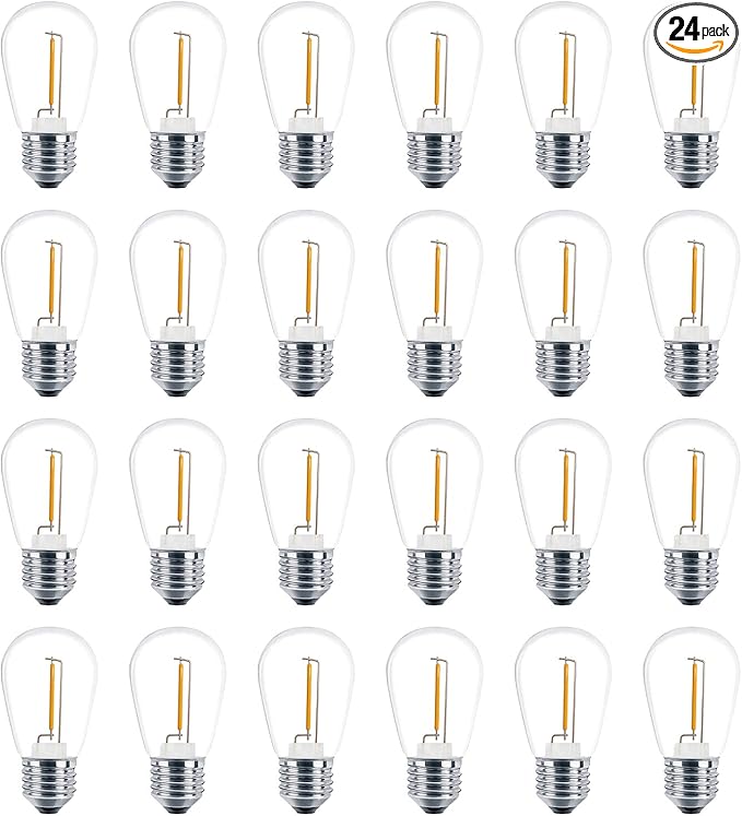 Meconard 24 Pack LED S14 Replacement Light Bulbs, Shatterproof Outdoor 1 Watt to Replace 11Watts String Incandescent Bulb, E26 Regular Medium Screw Base, 2200K Warm White, Non-Dimmable-VerdiqueGarden