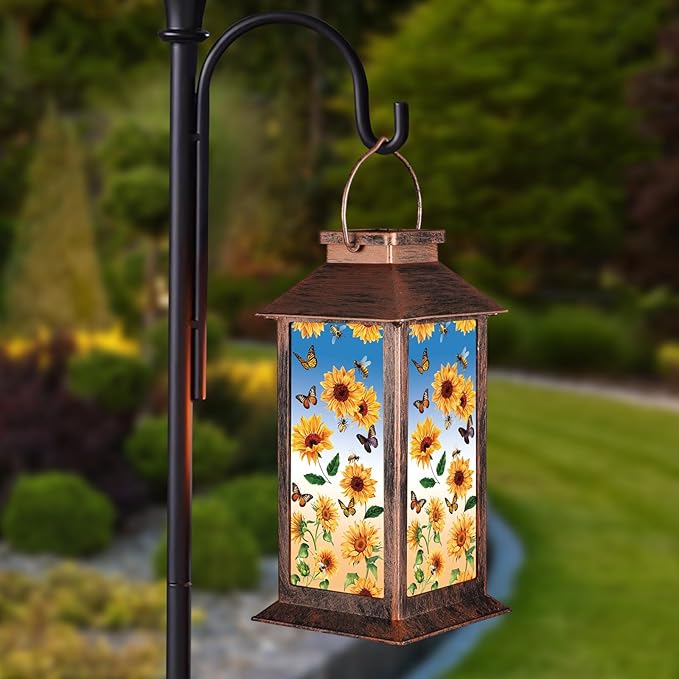 Solar Lantern Outdoor Waterproof Sunflower Butterfly Garden Decor Birthday Gifts for Women Mom and Grandma Solar LED Plastic Decorative Hanging Light for Yard(Sunflower Butterfly)-VerdiqueGarden