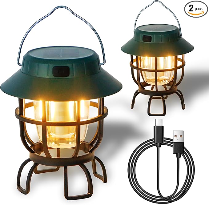 TRIROCKS Set of 2 LED Solar Camping Lantern Dimmable Rechargeable Lantern IPX3 Water-Resistant Portable Emergency Lights Outdoor Camping Lights for Camping Home Power Outage Hurricane Hiking (Green)-VerdiqueGarden