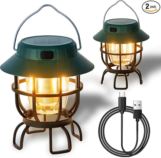 TRIROCKS Set of 2 LED Solar Camping Lantern Dimmable Rechargeable Lantern IPX3 Water-Resistant Portable Emergency Lights Outdoor Camping Lights for Camping Home Power Outage Hurricane Hiking (Green)-VerdiqueGarden