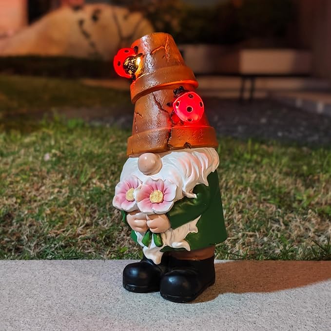 Garden Gnome Statues Outdoor Decor, Solar Gnomes with LED Lighted Flowers, Solar Resin Outdoor Statue Sculpture, for Woman Gift Home and Garden Decor-VerdiqueGarden