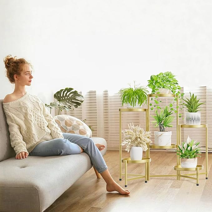 iDavosic.ly 6 Tier Large Plant Stand Indoor, 10 Inch Wide Tall Corner Metal Plant Stands Outdoor for Multiple Plants, Folding Tiered Flower Display Holder Rack Shelf, Gold-VerdiqueGarden