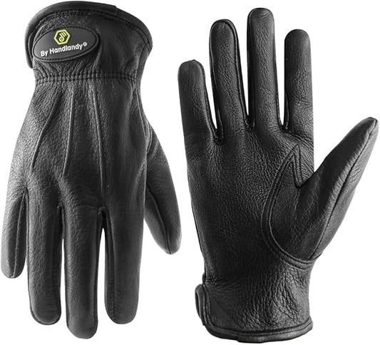 HLDD HANDLANDY Leather Work Gloves for Men & Women, Adjustable Wrist Cowhide Gardening Glove with Reinforced Palm for Driver-VerdiqueGarden