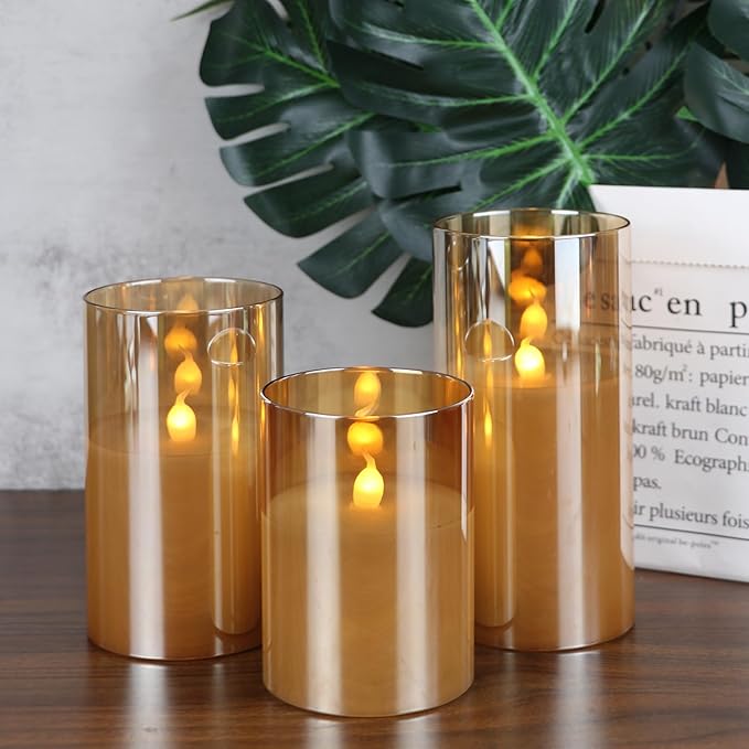 Glass LED Flickering Candles with Remote Timer, Flamless Pillar Candles Real Wax with 3D Wick Realistic, Home Decoration for Wedding Home Festival-VerdiqueGarden