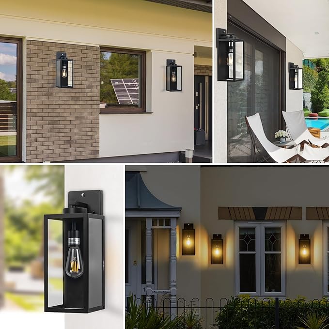 Dusk to Dawn Outdoor Wall Light Fixture, 16" Large Exterior Black Lantern Waterproof, Farmhouse Porch Sconce Lighting, Modern Wall-Mounted Outside Lights for House Garage, Patio Lamp-VerdiqueGarden