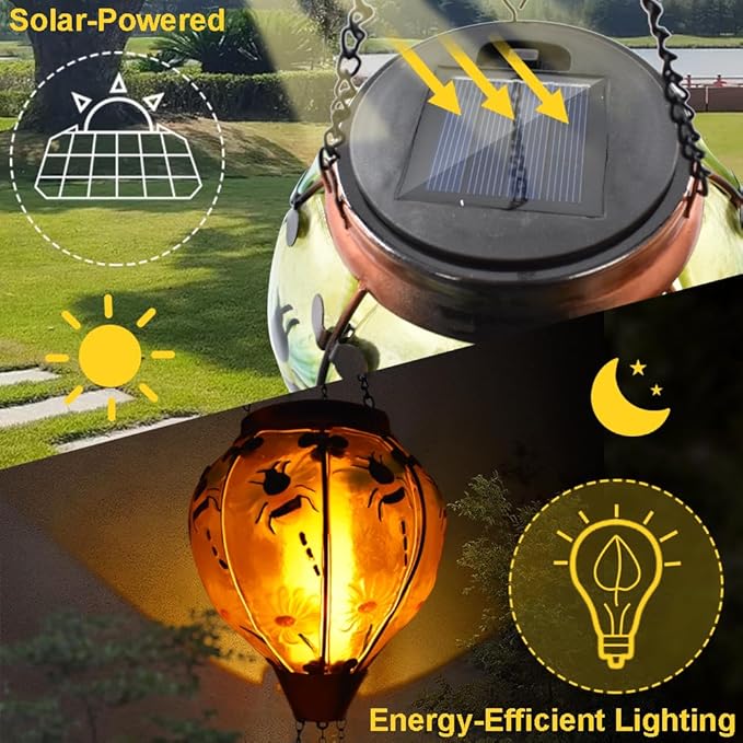 Hot Air Balloon Solar Lantern with Flickering Flame, Glass Hanging Garden Lights Outdoor Waterproof for Tree Yard Patio Mother's Day Gift, 18" H Bee-VerdiqueGarden