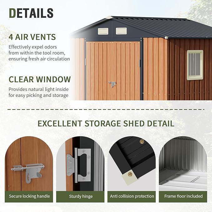 8x6 Ft Storage Shed, Large Outdoor Shed with Floor Base, Window, Lockable Doors, Outside Steel Shed for Garden, Backyard, Lawn, Patio Utility, Tool Storage-VerdiqueGarden