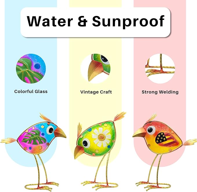 Garden Decor Metal & Glass Bird Decor for Indoor & Outdoor Set of 3 Birds, Lawn Ornaments for Patio Yard Porch, Outdoor Statue Decorations-VerdiqueGarden
