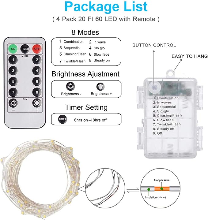 Homemory 4 Pack 20 Ft 60 LED Fairy Lights Battery Operated String Lights with Remote Waterproof 8 Modes Firefly Twinkle Christmas Lights for Party Bedroom Wedding Decorations(Cool White)-VerdiqueGarden