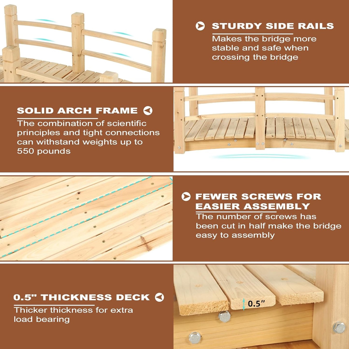 HOMEDIARY Fir Wood Garden Bridge, Outdoor Arc Footbridge Walkway with Double Safety Railings, Decorative Pond Bridge Landscaping w/550lbs Capacity for Backyard Garden Creek Pond Decor, Natural-VerdiqueGarden