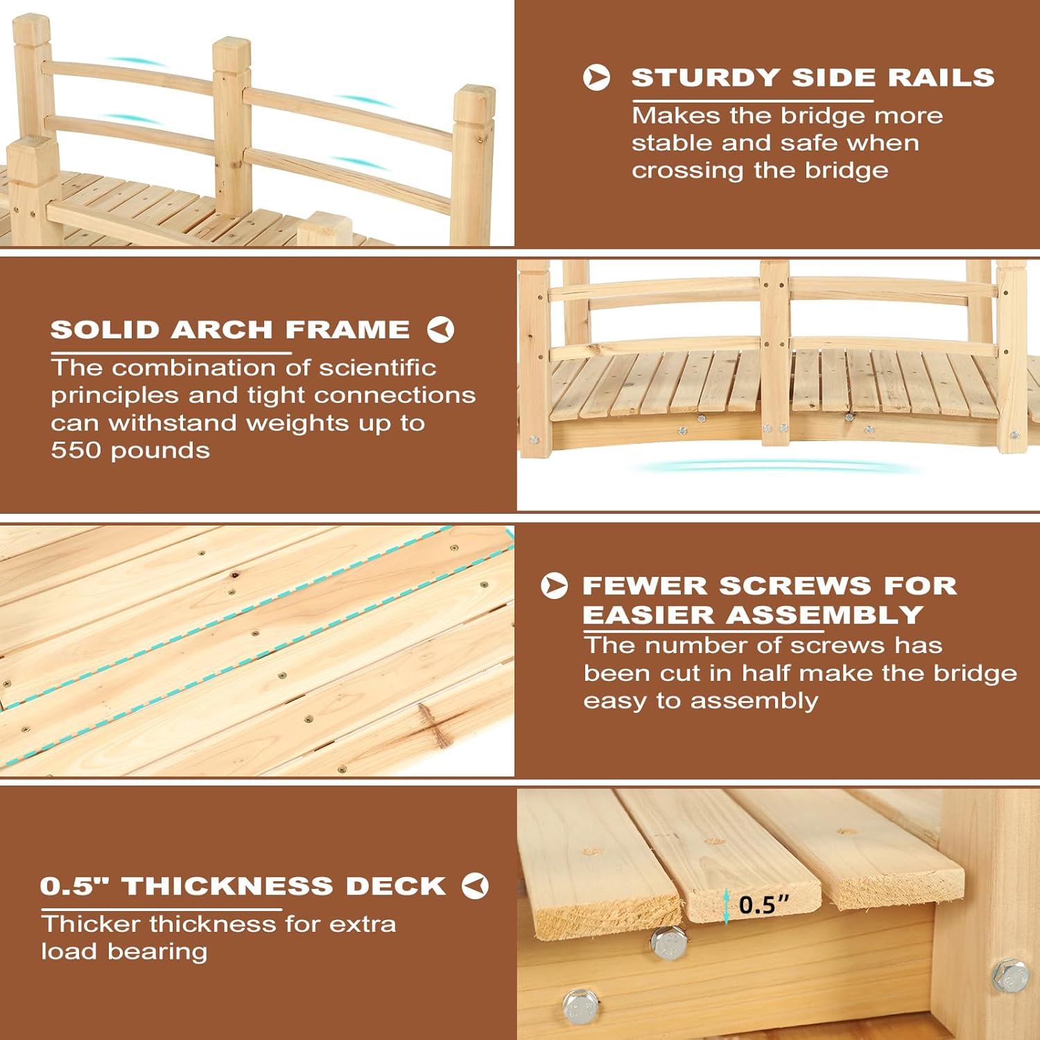 HOMEDIARY Fir Wood Garden Bridge, Outdoor Arc Footbridge Walkway with Double Safety Railings, Decorative Pond Bridge Landscaping w/550lbs Capacity for Backyard Garden Creek Pond Decor, Natural-VerdiqueGarden