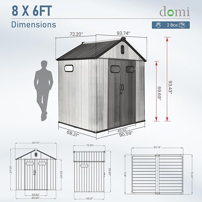 Domi 8x6 FT Outdoor Resin Storage Shed, All-Weather Double-Wall Storage Building for Backyard, Garden, Lawn Tools, Mower, Bike & Pool Equipment, Lockable Doors, Ventilated Roof, Grey-VerdiqueGarden