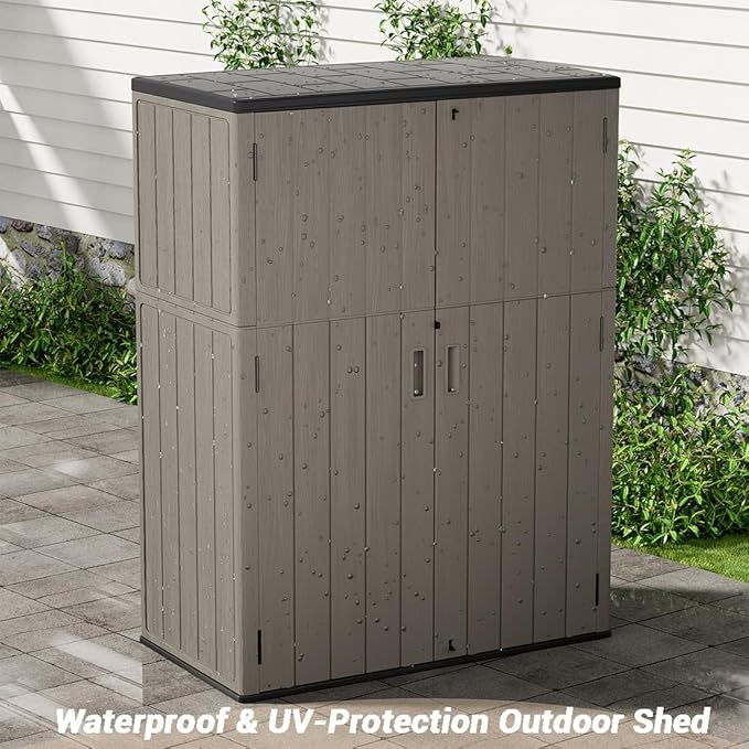 KINYING Outdoor Storage Shed,57 Cu.ft Vertical Outdoor Storage Cabinet Waterproof, Outdoor Resin Tool Shed for Patio Furniture, Garden Tools, Pool Accessories, Lawn Mower(Coffee Color)-VerdiqueGarden