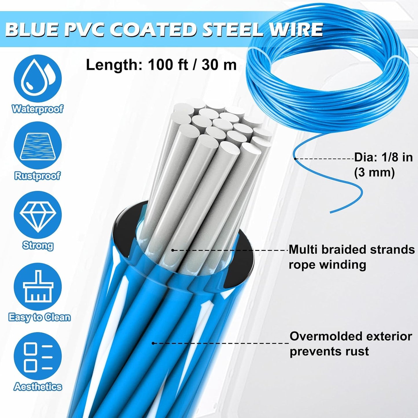 Turnbuckles for Cables Wire, 1/8" X 100Ft Blue PVC Coated Wire Rope Kit, Multi-use Steel Cable for Grape Vines/Clothes Line Outdoors for T Post/String Light Hanging/Garden Wire-VerdiqueGarden
