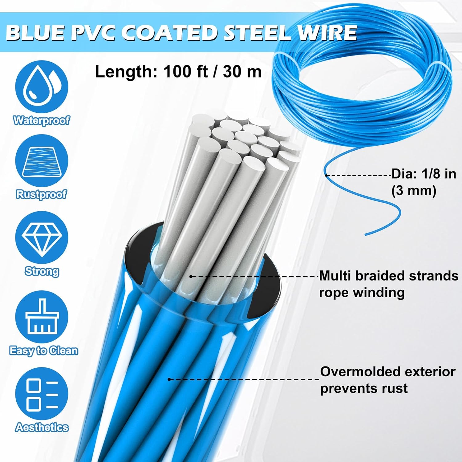 Turnbuckles for Cables Wire, 1/8" X 100Ft Blue PVC Coated Wire Rope Kit, Multi-use Steel Cable for Grape Vines/Clothes Line Outdoors for T Post/String Light Hanging/Garden Wire-VerdiqueGarden