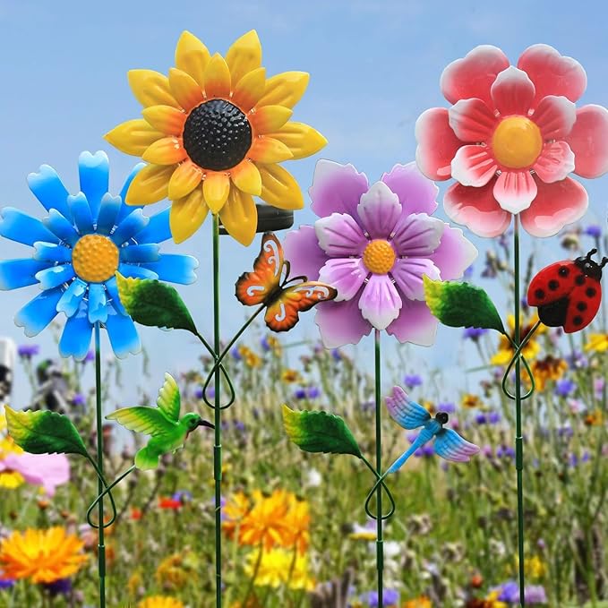 4 Pack Outdoor Solar Lights,Outdoor Waterproof Metal Art Stick Flowers,Garden Decor for Women Mom Grandma Halloween Hanging Metal Stakes Lights for Garden,Lawn,Patio-VerdiqueGarden