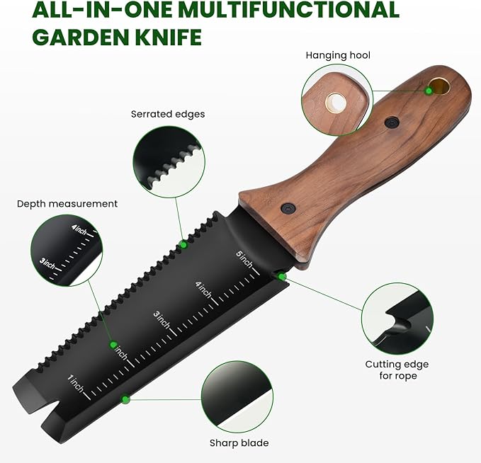 Hori Hori Garden Knife, Garden Tools with Sheath, 6" Stainless Steel Blade with Cutting Edge, Full-Tang Walnut Ergonomic Wood Handle with Hanging Hole, Weeding, Planting, Digging…-VerdiqueGarden
