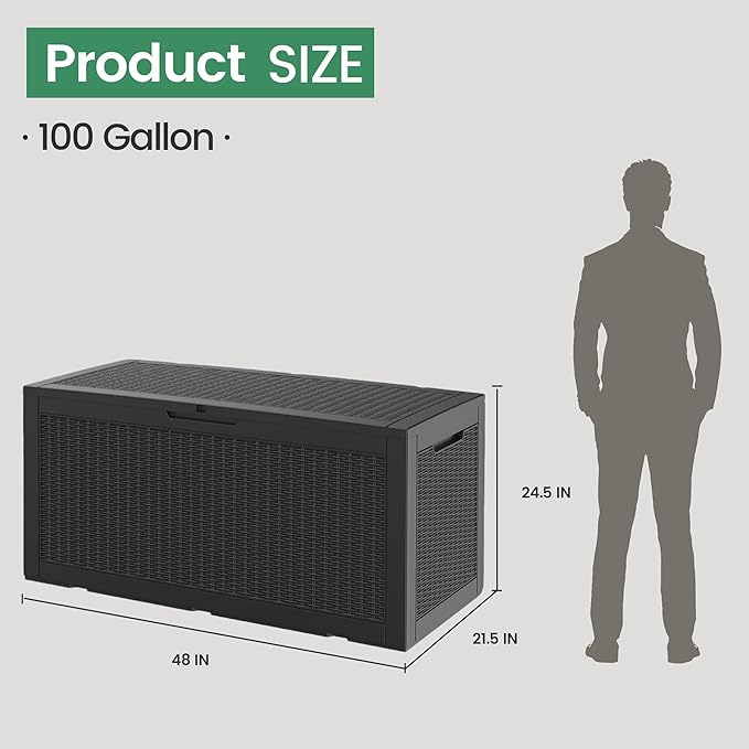 100 Gallon Storage Box, Waterproof Resin Deck Box with Hydraulic Piston Design, Lockable Storage Bench for Package Delivery, Storage Bin for Patio Cushions, Garden Tools, Black-VerdiqueGarden