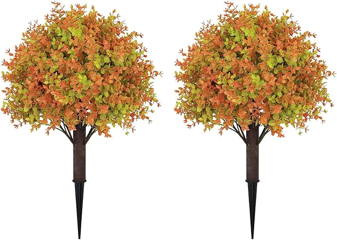 24" Fall Plants Artificial Boxwood Topiary Trees, UV Resistant Faux Bushes with Ground Spike, Fake Shrubs for Outdoor Planters, Front Porch, Patio, Yard Decor Set of 2-VerdiqueGarden