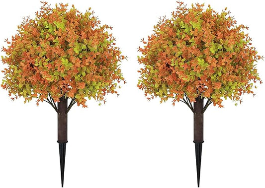 24" Fall Plants Artificial Boxwood Topiary Trees, UV Resistant Faux Bushes with Ground Spike, Fake Shrubs for Outdoor Planters, Front Porch, Patio, Yard Decor Set of 2-VerdiqueGarden