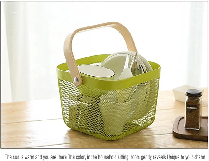 Metal Mesh Steel Basket, Storage Organizer Basket Multi-functional Hanging Kitchen Baskets Fruit Basket with Wooden Handle for Kitchen Bathroom Picnic Shopping Decor Cabinet Home, Macaron Green-VerdiqueGarden