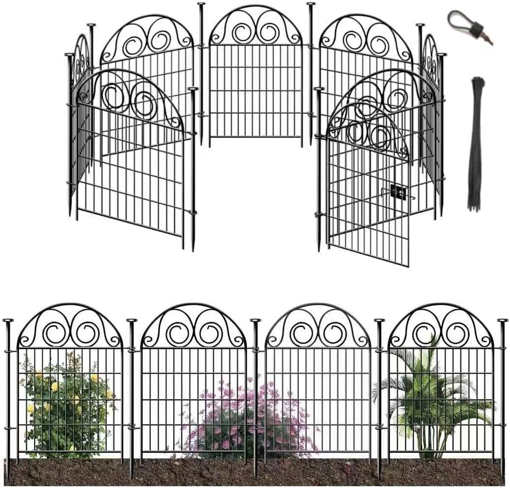 Tall Garden Animal Barrier Fence with Gate, 36 in(H)×17.5 Ft(L) 8 Panels Dog Digging Fence Barrier, Black Heavy Duty Metal Temporary Fences, Reusable Defense Fencing for Outdoor Yard│Patented-VerdiqueGarden