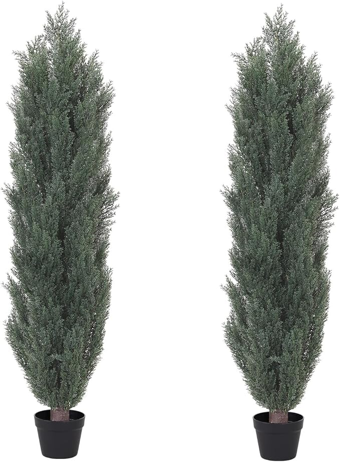 THE BLOOM TIMES 5ft Topiary Trees Artificial Outdoor – UV Resistant Faux Cedar Pine Cypress Bushes and Shrubs, Fake Potted Plants for Front Porch Outside Planter Patio Decor, Set of 2 (5 Foot)-VerdiqueGarden