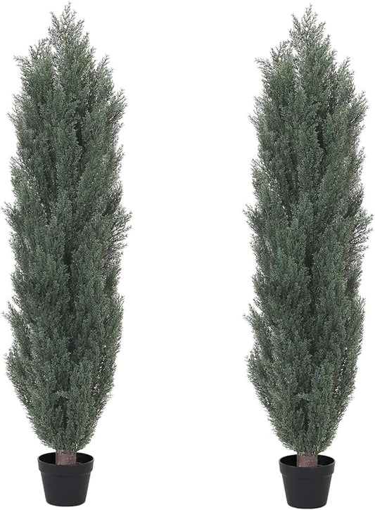 THE BLOOM TIMES 5ft Topiary Trees Artificial Outdoor – UV Resistant Faux Cedar Pine Cypress Bushes and Shrubs, Fake Potted Plants for Front Porch Outside Planter Patio Decor, Set of 2 (5 Foot)-VerdiqueGarden