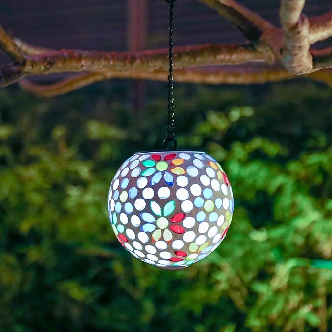 VCUTEKA Solar Chandelier Outdoor, Hanging Mosaic SolarLights with Hook Up, Solar Garden Lantern Decor for Yard, Deck and Patio, White-VerdiqueGarden