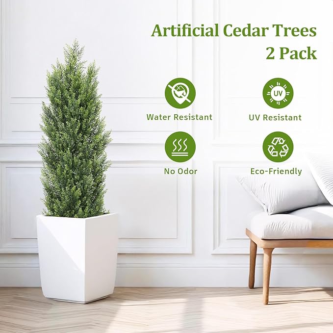 THE BLOOM TIMES 4ft Topiary Trees Artificial Outdoor 2 Pack – UV Resistant Faux Cedar Pine Cypress Bushes and Shrubs, Fake Potted Plants for Front Porch Outside Planter Patio Decor, Set of 2 (4 Foot)-VerdiqueGarden