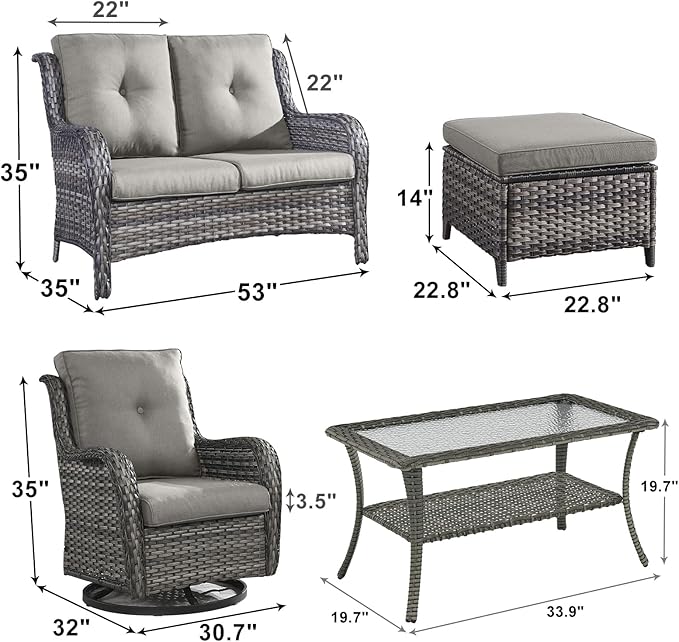 Outdoor Wicker Patio Furniture Set - 6 Piece Rattan Patio Conversation Set with 2 Rocking Swivel Chairs,2 Ottomans,1 Loveseat and 1 Coffee Table for Porch Deck Backyard Garden(Mixed Grey/Grey)-VerdiqueGarden