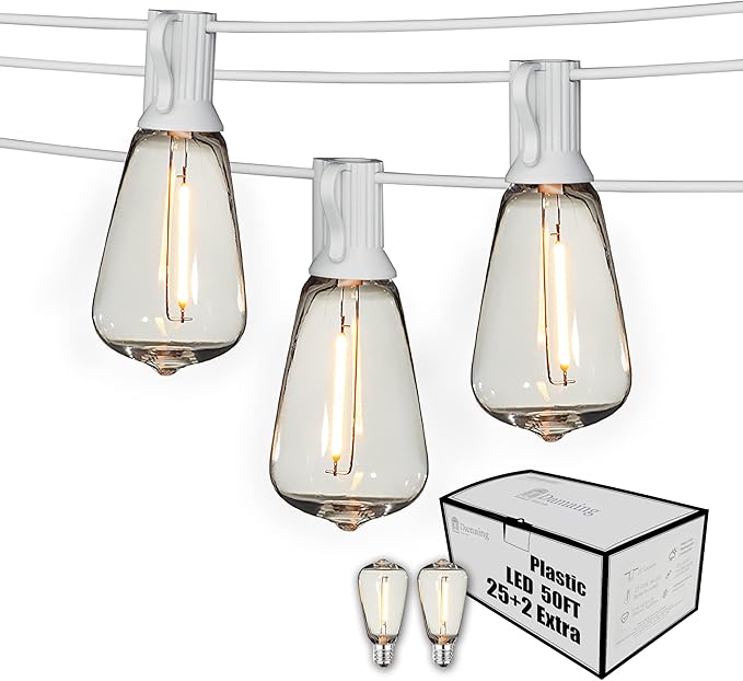 Outdoor String Lights 50FT Waterproof,LED Patio Lights Dimmable with 27 Bright Shatterproof Retro Bulbs,Vintage Edison String Hanging Lights for Outside Bistro,Backyard,Balcony,White Cable-VerdiqueGarden