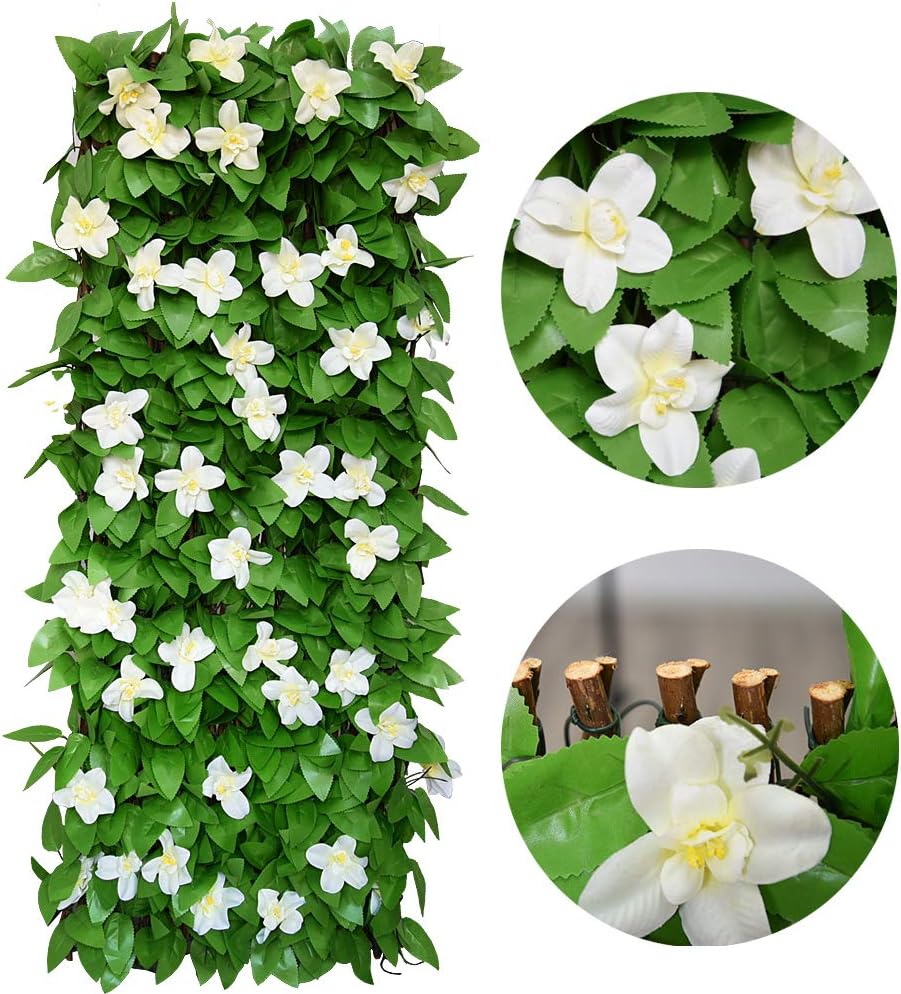 Expandable Fence Privacy Screen for Balcony Patio Outdoor,Decorative Faux Ivy Fencing Panel,Artificial Hedges (Single Sided Leaves) (4, White Flowers)-VerdiqueGarden