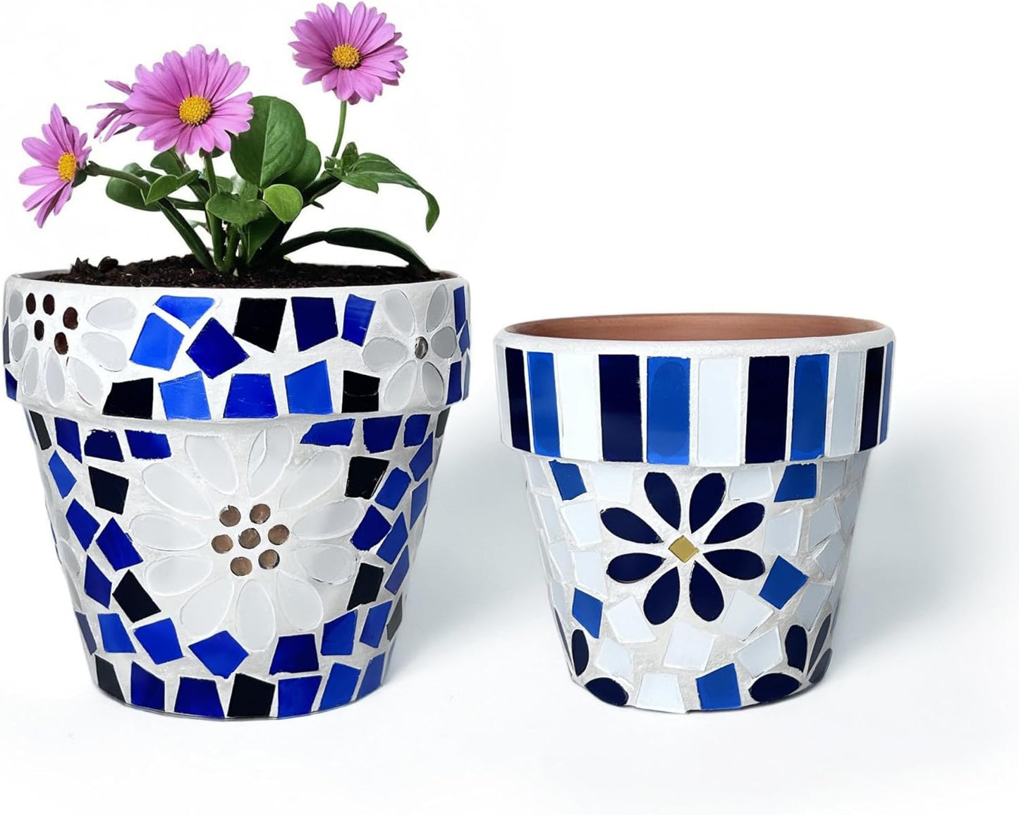Lily's Home Set of 2 Flowerpots with Mosaic Pattern. Decorative Plant Pots with Drainage Holes for Indoor Outdoor, Perfect for Snake Plants, Succulents,Terracotta. Pots are 4 9⁄10 & 4 ¼ inch Height.-VerdiqueGarden