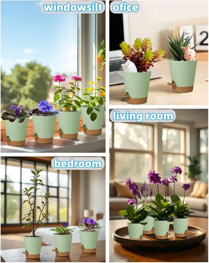 12 Pack 4 Inch Self Watering Plant Pots with Drainage and Saucers，Plastic Flower Pots for Indoor and Outdoor Plants, Nursery Planters for Houseplants and Herbs Green Brown, 4 inch 12pcs-VerdiqueGarden