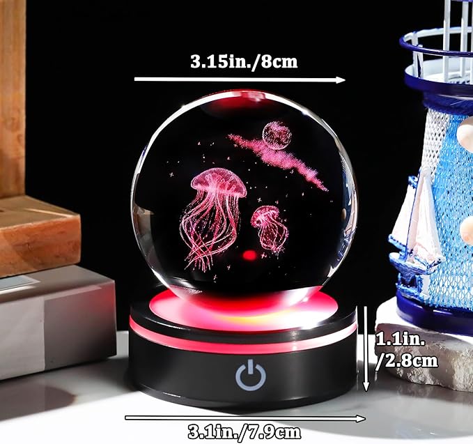 YWHL 3D Crystal Ball Moon Jellyfish Figurine with Colorful LED Base Laser Jellyfish Gifts for Women Men on Christmas Birthday Glass Jellyfish Statue Decorative Ball Night Light for Home Decor (80mm)-VerdiqueGarden