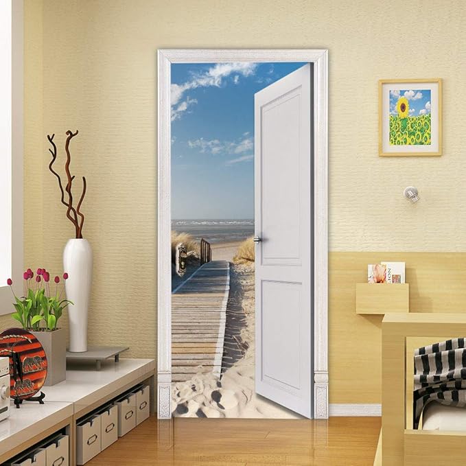 3D Door Stickers Murals Peel and Stick - Outer Beach Road - Door Wallpaper Self-Adhesive Door Decals Removable PVC Waterproof Door Poster for Bedroom Living Room Door Decoration 37.4" x 82.7"-VerdiqueGarden