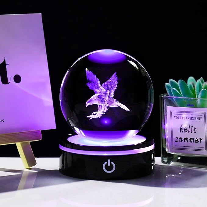 YWHL 3D Eagle Figurine Crystal Ball with Colorful Light Base, Eagle Gifts for Women Men Eagle Lovers on Christmas Birthday, 3D Laser Engraved Eagle Sphere Glass Ball for Home Office Decoration (80mm)-VerdiqueGarden