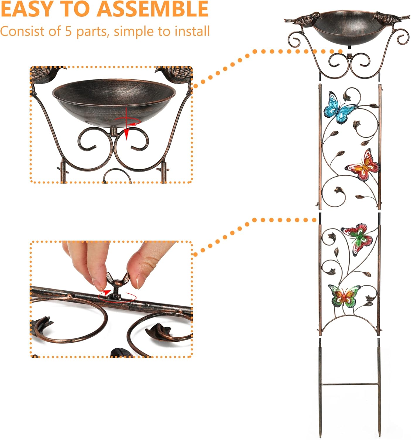 LEWIS&WAYNE Garden Trellis Bird Bath Outdoor, 40 Inch Antique Iron Garden Plant Trellis Decorative with Butterflies and Detachable Drinking Basin Bowl, Free Standing BirdBath Birdfeeder Station-VerdiqueGarden