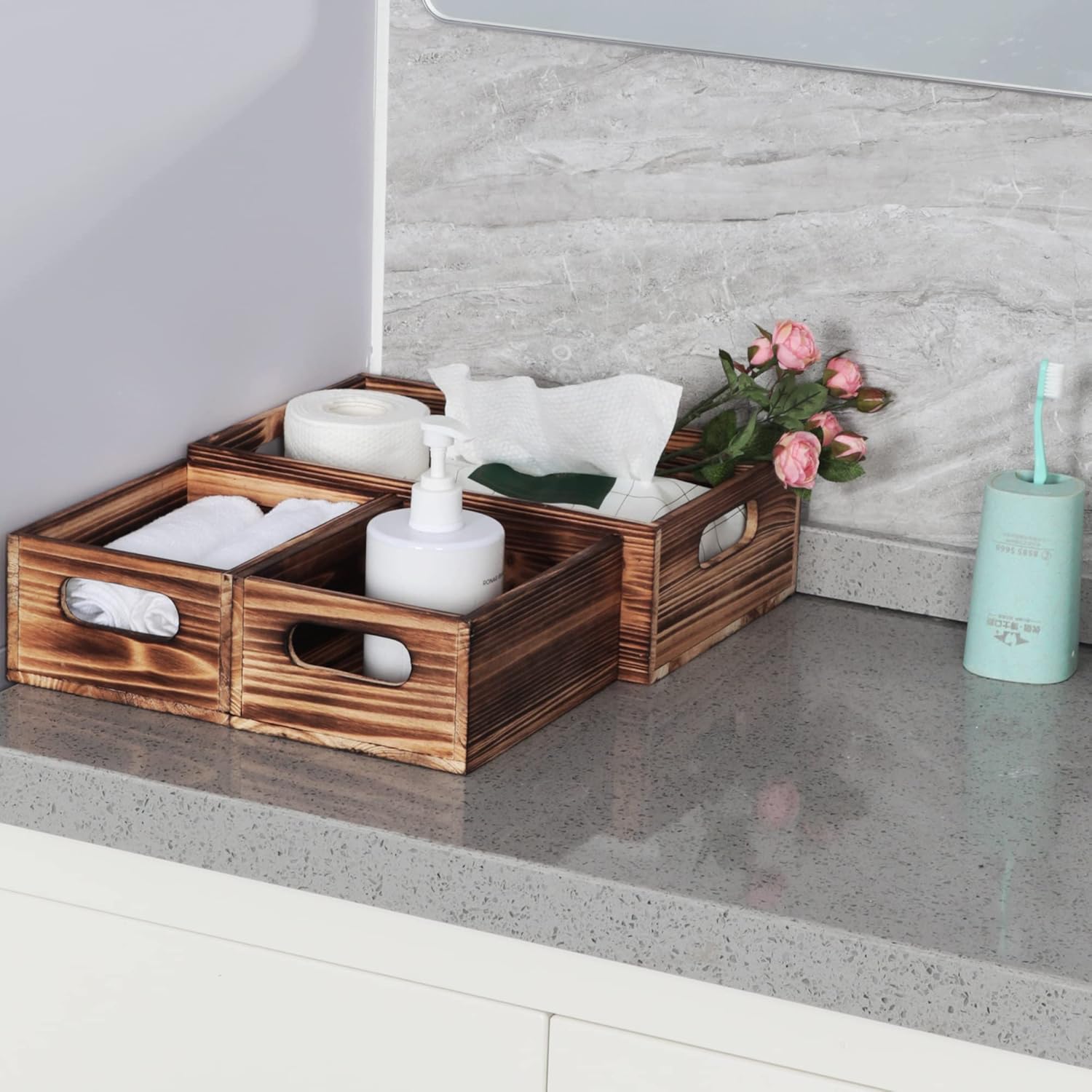 PHOENANCEE Wooden Crate Stackable Decorative Wood Crates set of 3 for Storage Display Rustic Nesting Box Basket Home Decoration Boxes Container Bin with Handles Farmhouse Decor,Solid Pine,L+M+S-VerdiqueGarden