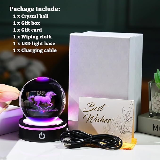 YWHL 3D Crystal Ball Horse Figurine with LED Base, Horse Gifts for Men Women Horse Lovers on Christmas Birthday, Horse Statue Glass Sphere Animal Decorative Ball for Home Decor (80mm)-VerdiqueGarden