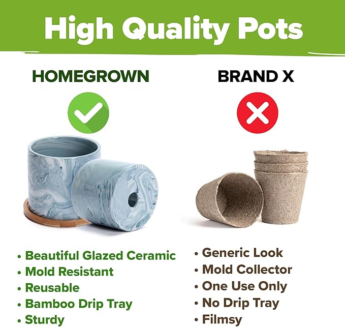 HOME GROWN Indoor Herb Garden Kit w/Glazed Ceramic Pot - Easy-to-Grow Kitchen Window Gardening Starter Set - Unique Housewarming Gift for Women, Mom, Gardeners, Friend, Her, Mother-VerdiqueGarden