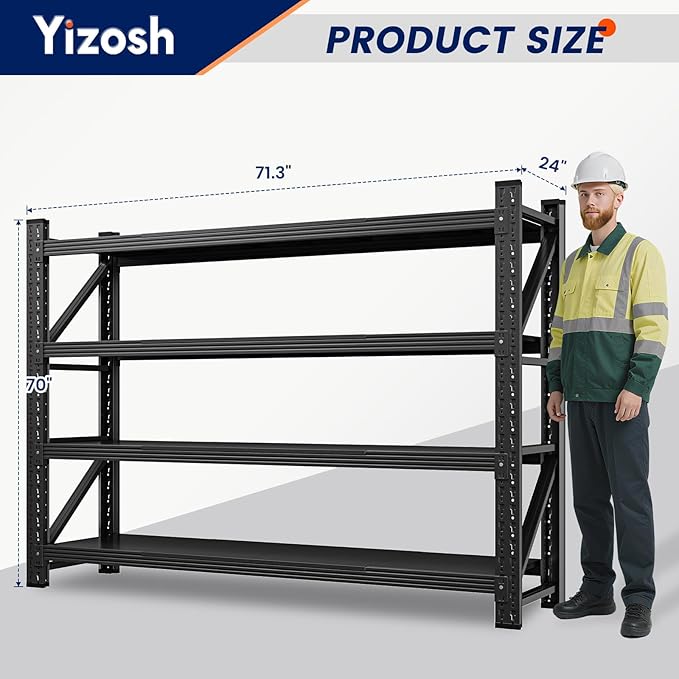 Yizosh 71" W Metal Garage Storage Shelves,5000LBS Heavy Duty 4-Shelf Adjustable Steel Organization Shelving,Utility Rack Shelf,71" W x 24" D x 69" H for Basement,Warehouse,Industrial-VerdiqueGarden