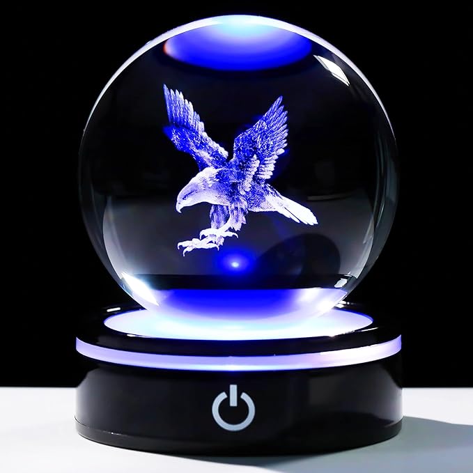 YWHL 3D Eagle Figurine Crystal Ball with Colorful Light Base, Eagle Gifts for Women Men Eagle Lovers on Christmas Birthday, 3D Laser Engraved Eagle Sphere Glass Ball for Home Office Decoration (80mm)-VerdiqueGarden