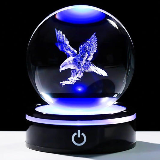 YWHL 3D Eagle Figurine Crystal Ball with Colorful Light Base, Eagle Gifts for Women Men Eagle Lovers on Christmas Birthday, 3D Laser Engraved Eagle Sphere Glass Ball for Home Office Decoration (80mm)-VerdiqueGarden