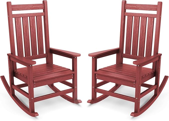 SERWALL Outdoor Rocking Chair Set of 2, HDPE Rocking Chairs for Adult, All Weather Porch Rockers for Lawn Garden, Crimson Red-VerdiqueGarden