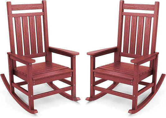 SERWALL Outdoor Rocking Chair Set of 2, HDPE Rocking Chairs for Adult, All Weather Porch Rockers for Lawn Garden, Crimson Red-VerdiqueGarden