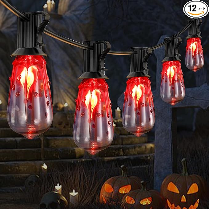10FT Halloween String Lights Outdoor with 11 ST40 Flame Bulbs (1 Spare), Plug in Halloween Flaming Blood Drop Light Strings UL Listed for Patio, Backyard, Halloween, Party Decoration, E17 Base-VerdiqueGarden